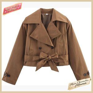 Short Trench Coat Lightweight Windbreaker Bow Belt Casual Jacket Spring Fall